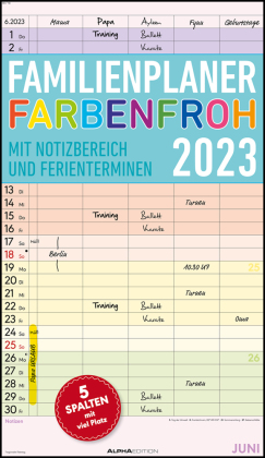 Familienplaner Farbenfroh 2023 mit 5 Spalten - Familienkalender 26x45 cm - Offset-Papier - mit Ferienterminen - Wandkalender - Wandplaner