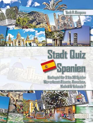 Stadt Quiz Spanien | Buchspiel für 2 bis 20 Spieler | Wer erkennt Alicante, Barcelona, Madrid & Valencia? 