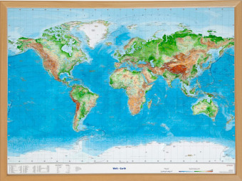 Welt, Reliefkarte Gross 1:53.000.000 mit Naturholzrahmen