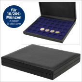 Münz-Kassetten in luxeriöser Lederausstattung mit königsblauem Velourseinsatz für 20 Format 10 DM, 10 Euro, 20 Euro-Münz