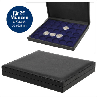 Münz-Kassetten in luxeriöser Lederausstattung mit königsblauem Velourseinsatz für Format 2 Euro in Kapseln
