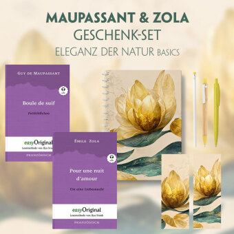 Guy de Maupassant & Émile Zola Geschenkset - 2 Bücher (mit Audio-Online) + Eleganz der Natur Schreibset Basics, m. 2 Bei