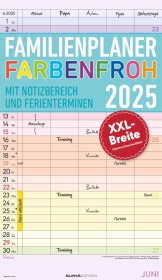 Familienplaner Farbenfroh 2025 mit 5 Spalten - Familienkalender 26x45 cm - Offset-Papier - mit Ferienterminen - Wandkale