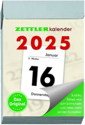 Zettler - Tagesabreißkalender 2025 S, 4,1x5,9cm, Abreißkalender mit Sudokus, Sonnen- und Mondzeiten, Namenstage, hellgra