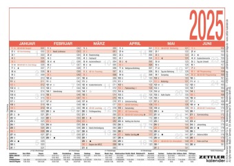 Zettler - Arbeitstagekalender 2025 weiß/rot, 14,8x10,5cm, Plakatkalender mit Monatsübersicht, 6 Monate auf 1 Seite, Feri