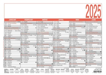 Zettler - Namenstagekalender 2025 weiß/rot, 29,7x21cm, Plakatkalender mit Jahresübersicht, 6 Monate auf 1 Seite, Namenst