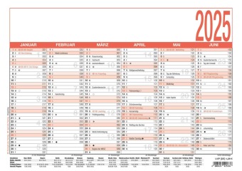 Zettler - Arbeitstagekalender 2025 weiß/rot, 29,7x21cm, Plakatkalender mit Jahresübersicht, 6 Monate auf 1 Seite, Mondph