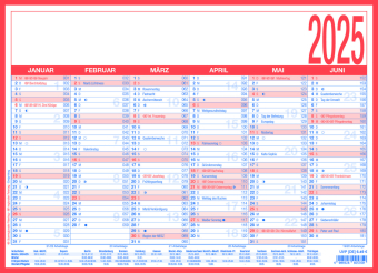 Zettler - Arbeitstagekalender 2025, 29x21cm, Plakatkalender mit 6 Monaten auf 1 Seite, Mondphasen, Arbeitstage-, Tages-