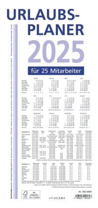 Zettler - Urlaubsplaner 2025 weiß/blau, 100x29,7cm, Wandplaner mit 16 Monaten auf 1 Seite, für 25 Personen, gefalzt auf