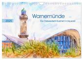 Warnemünde - Die Ostseestadt illustriert in Aquarell (Wandkalender 2025 DIN A4 quer), CALVENDO Monatskalender